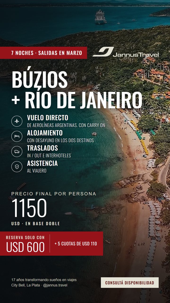 Flyer de la promoción de Búzios + Río de Janeiro